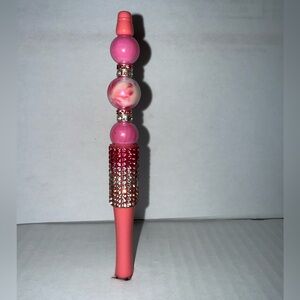 Hand Crafted Beaded Pen-pink & silver rhinestones w/ solid and marble resin bead